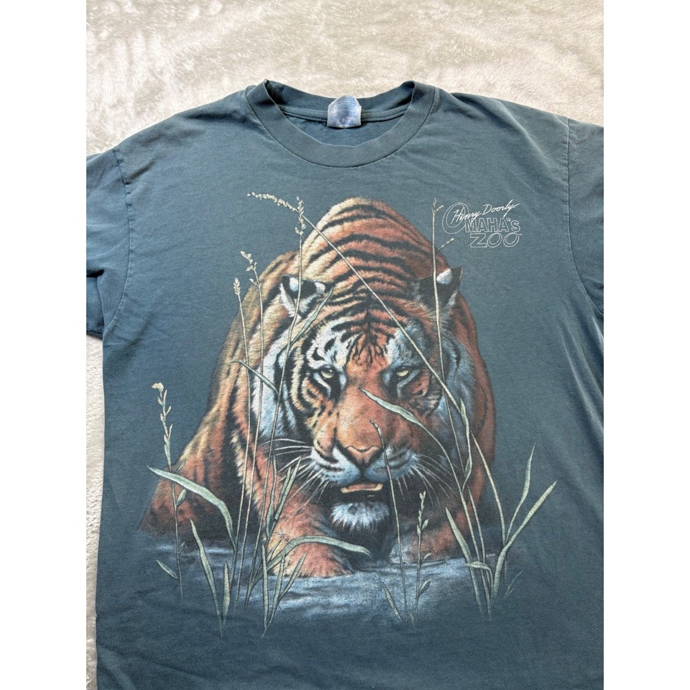 Vtg 90s Hanes Beefy-T Henry Doorly Omaha Zoo Tiger Tee Made USA L